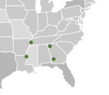 Map of approximate fossil collection site locations of Picea critchfieldii specimens, based on Figure 1 of Jackson and Weng, 1999. Approximate localities of fossil sites of Picea critchfieldii.png