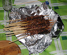Meat on wooden skewers