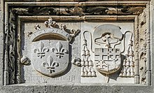 Coat of arms of the Langue of France (left) and of Grand Master Pierre d'Aubusson (right) on the French auberge in Rhodes Auberge of the lingua of France 05.jpg