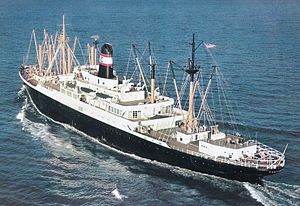 Brochure photo of SS Exochorda's nearly identical sister ship SS Excalibur, circa 1961, in the New "4 Aces." Aug 1961 The Aces with Deck Plans Pg01 Crop01.jpg