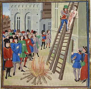 <span class="mw-page-title-main">Hanged, drawn and quartered</span> Legal punishment in medieval England, Wales and Ireland for men convicted of high treason