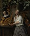 Bakker Arent Oostwaard en zijn vrouw Catharina Keizerswaard met allerlei verschillende soorten vers gebakken brood (broodjes, krakelingen, kadetten, duivekater) voor de bakkerij, 1658, Jan Steen, Rijksmuseum Amsterdam