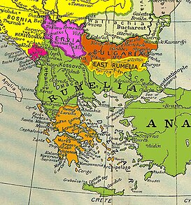 Mapa de Bulgaria (rojo) y Rumelia oriental (naranja) de 1878 a 1885.