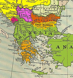 Harta Bulgariei (roșu) și a Rumeliei de Est (portocaliu) din 1878 până în 1885.