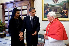 Image 18President Barack Obama and First Lady Michelle Obama meet with Pope Benedict XVI at the Vatican on July 10, 2009. (from Women in Vatican City)