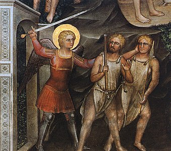 Fourteenth-century painting by w:Giusto de' Menabuoi of w:Adam and Eve being expelled from Eden by an w:angel, showing all three as blond