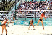 Deutsch: Beachvolleyball bei den Olympischen Jugendspielen 2018; Tag 9, 15. Oktober 2018; Mädchen, Viertelfinale: USA-Spanien 2–1 (21–19/17–21/15–9) English: Beach volleyball at the 2018 Summer Youth Olympics at 15 October 2018 – Girls Quarterfinals: USA-Spain 2–1 (21–19/17–21/15–9)