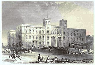 Hamburger Bahnhof rond 1850; op de voorgrond is het verbindingsspoor te zien