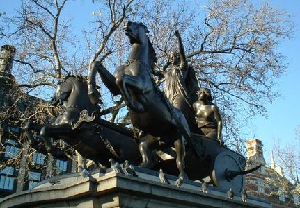 Sculpture by Thomas Thornycroft of Boudica and her daughters in her chariot, addressing her troops before the battle.