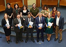 Slater with Humza Yousaf and others at the launch of the Scottish Government's plan for citizenship in an independent Scotland, July 2023 Building a New Scotland- citizenship in an independent Scotland.jpg