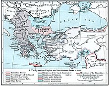 Map of the Balkans and Anatolia. The western Balkans are almost entirely dominated by Serbia, and the eastern are divided between Bulgaria and Byzantium. Anatolia is controlled by the Turks, with the Ottoman emirate in the northwest, opposite Byzantium, highlighted. Small Christian exclaves in Anatolia are Trebizond in the northeast and Armenia in the southeast. In the Aegean, most islands belong to Latin states, especially Venice.