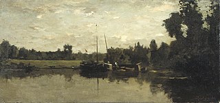 Landschap met schepen op een rivier in de avond