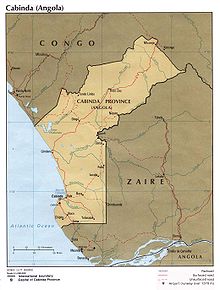 Map of Cabinda, an Angolan exclave. The main part of Angola is to the south east with the Democratic Republic of Congo in between (labelled on the map with its former name Zaire). Cabinda pol77.jpg