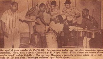 Cachao and his band, as depicted on the March 1961 edition of the Cuban "Show" magazine. Left to right: Cachao (bass), Gustavo Tamayo (guiro), Tata Guines (tumbadora), Alejandro "El Negro" Vivar (trumpet), Rogelio "Yeyo" Iglesias (bongos) and Guillermo Barreto (timbales). This picture was taken during the same photo shoot that yielded the cover of Cuban Jam Sessions in Miniature. Cachao y su Combo.jpg