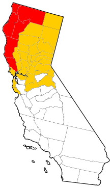 Map of California showing the 34 counties declared disaster areas during the flood. The six red counties sustained more damage than the other 28 counties combined. California Disaster Areas, 1964.svg