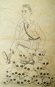 A caricature of Maximiliano Hernández Martínez sitting a pile skulls