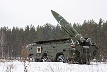 Soviet OTR-21 Tochka missile. Capable of firing a 100-kiloton nuclear warhead a distance of 185 km ChemicalExercise2018-01.jpg