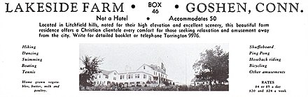 A 1942 advertisement for recreational lodging in Goshen, Connecticut stating that the facility is not a hotel and caters to Christian clientele specifically.