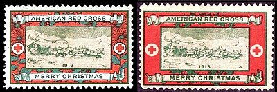 Christmas Seals, 1913 issue, types I & III, Printed by the American Bank Note Company Type I (at left) with poinsettia flowers in the side panels, is extremely rare, with only one sheet extant. It is often considered the "Holy Grail", of Christmas Seal collecting. Christmas seals, 1913, type I & II.jpg