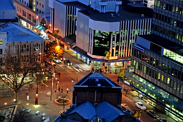 Colombo Street (left to right) at Hereford Street