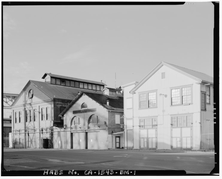 File:Contextual view of building 65 looking across California Avenue showing building 65 east elevation at left and buildings 99 and 99A at right; camera facing southwest - Mare HABS CAL,48-MARI,1BM-1.tif