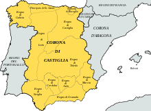 A map of the Iberian Peninsula in 1492 highlighting the Crown of Castile. Corona di Castiglia, 1492.svg