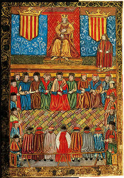 Miniature (15th century) of the Catalan Courts, presided over by Ferdinand II of Aragon Cortes Catalanas.jpg