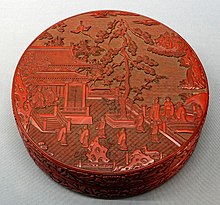 Box with pavilion and figures, Yuan dynasty. Covered box with pavilion and figures, China, Yuan dynasty, 1300s AD, carved lacquer - Tokyo National Museum - Tokyo, Japan - DSC08285.jpg