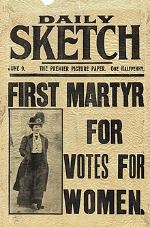 Daily Sketch front page on 9 June 1913 mentioning the death of Emily Davison. Daily Sketch front page, 9 June 1913.jpg