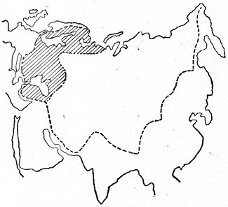 Fig. 24.—The Heartland, with the addition of the basins of the Black and Baltic Seas, and of the uppermost (plateau) valleys of the Chinese and Indian rivers.