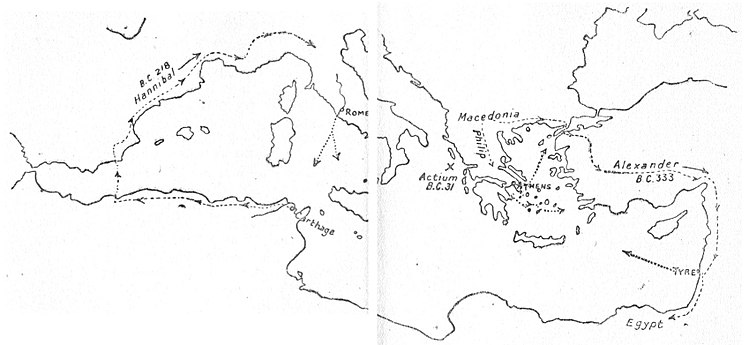 Fig. 5.—Two famous marches for the purpose of outflanking sea-power; also a victory which 'closed' the Mediterranean.