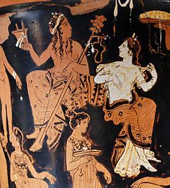 Dionysus en Ariadne, detail van zijde A van een Zolder roodfigurige krater, ca 400-375 v.Chr., uit Thebe, Parijs, Louvre.