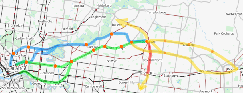 The three themes of the Doncaster Rail Study. Doncaster Rail map.png