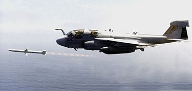 VAQ-128 EA-6B launches an AGM-88 HARM anti-radiation missile at NAS Point Mugu in 1999 EA-6B launching AGM-88 HARM 1999.jpg