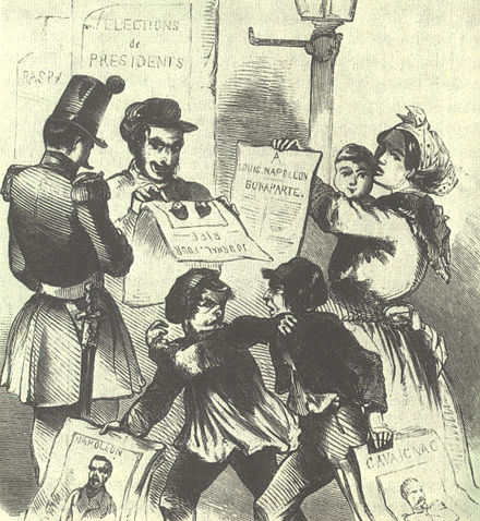 Two boys, one holding a poster for Louis-Napoleon and the other for Cavaignac, fighting Election france 1848.jpg