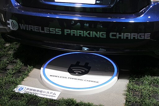 Electric car wireless parking charge closeup