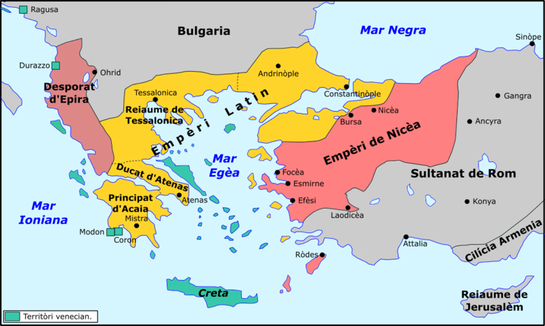 Map of the Greek Byzantine Empire split by a newly established Latin Crusader State after the Fourth Crusade (shown partly in Greece and partly in Turkey).