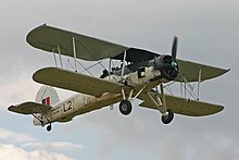 Fairey Swordfish II, an example of the type used by 726 NAS) Fairey Swordfish II LS326 L2 (G-AJVH) (7297367482).jpg