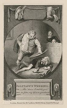 Falstaff overpowers Shallow, illustration by Stodhart, engraved by James Heath Falstaff's Wedding illustration.JPG
