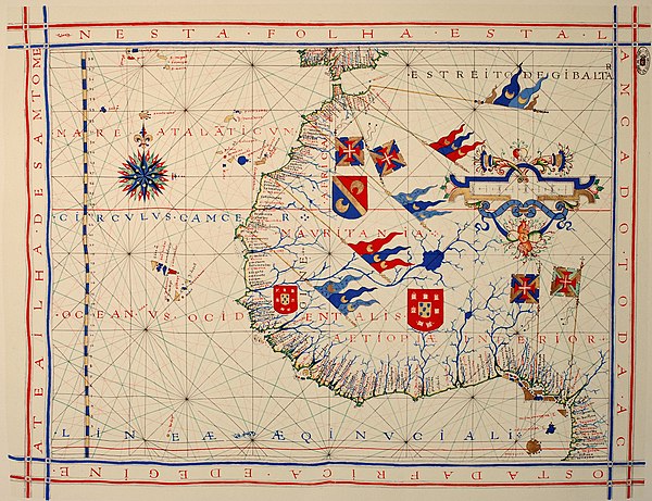 A pre-Mercator nautical chart of 1571, from Portuguese cartographer Fernão Vaz Dourado (c. 1520 – c. 1580). It belongs to the so-called plane chart mo