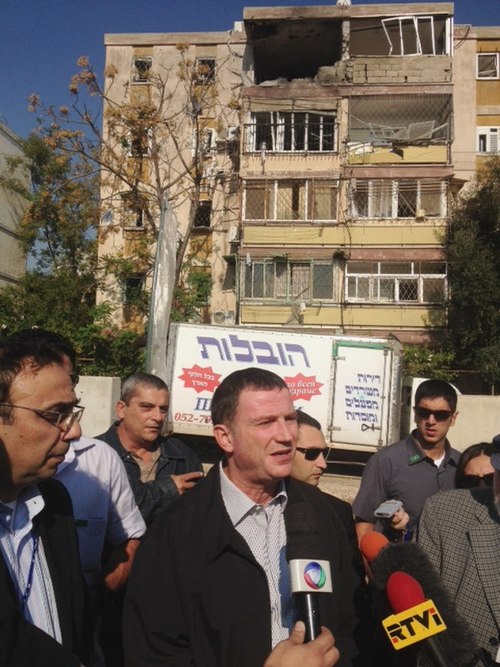 Edelstein as Information Minister, briefing reporters at site of Hamas rocket attack, 2012