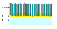 A diagram of flocking texture. 1 fiber 2 adhesive 3 substrate Flocking texture.png