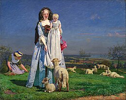 The Pretty Baa-Lambs. Brown's mistress and later wife Emma and second daughter Cathy in 1851 Ford Madox Brown - Pretty Baa-Lambs - Google Art Project.jpg