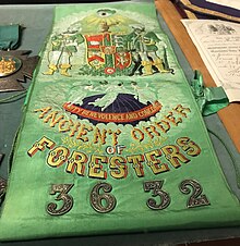 A regalia sash as worn in Court 3632 of the Ancient Order of Foresters. Now a museum exhibit. Foresters Regalia Sash.jpg