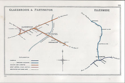 A 1903 Railway Clearing House map showing (left) railways in the vicinity of Partington