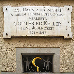 Plaque commémorative sur la maison des parents de Gottfried Keller, à Zurich.