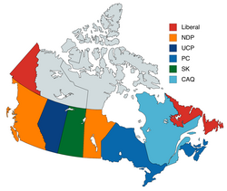 The governing political party(s) in each Canadian province. Multicoloured provinces are governed by a coalition or minority government consisting of more than one party. GoverningPoliticalPartyByProvince v2.png