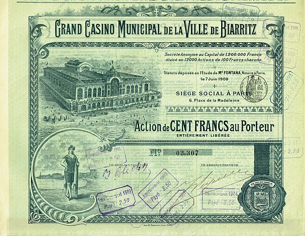 Share of the Grand Casino Municipal de la Ville de Biarritz S. A., issued 1900