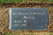 Grave marker in Inglewood Park Cemetery for Gordon W. Norris Grave marker of California poet laureate Gordon W. Norris.jpg