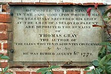 Plaque adjacent to the tomb of Thomas Gray in Stoke Poges Churchyard (Source: Wikimedia)